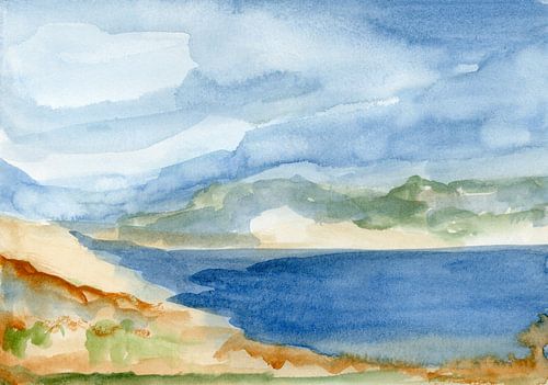 Modern abstract aquarel landschap. Blauw, groen, terra.