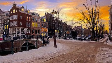 Schilderij zonsondergang in besneeuwd Amsterdam van Eye on You