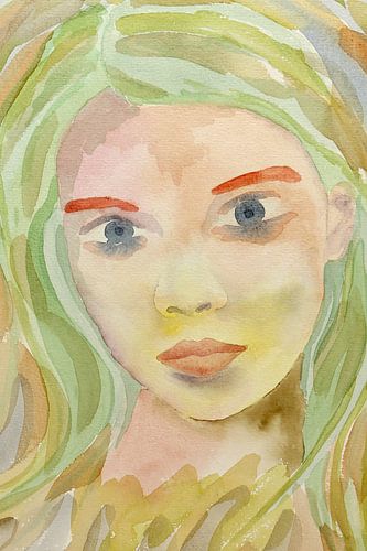 Hypnose (aquarel schilderij portret gezicht vrouw close up ogen lippen kapsel expressionisme zombie)