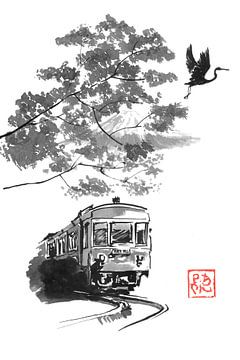 Zug, Storch und Fuji von Péchane Sumie