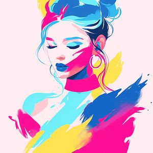 Ausdrucksstarkes Frauenporträt in Neonfarben - moderne Pop-Art Wanddekoration