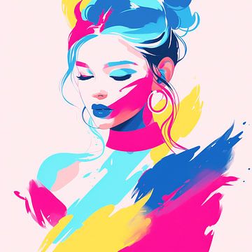 Expressief vrouwelijk portret in neonkleuren – moderne popart muurdecoratie van Karina Brouwer