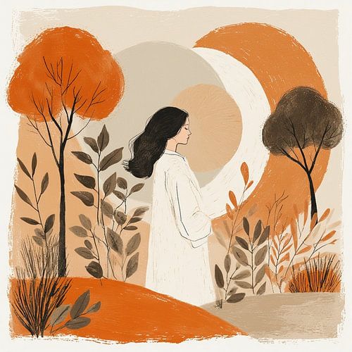 Een jonge vrouw staand in aarde tinten natuur zen rust stilte .