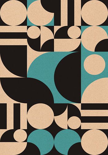 Retro jaren 70 wonen. Abstracte geometrische kunst in zwart, lichtblauw, wit.