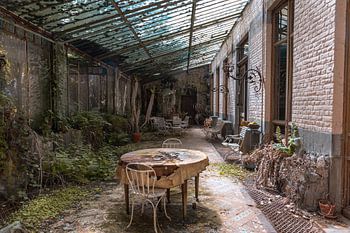 Verlassene Terrasse, die von der Natur erobert wird.