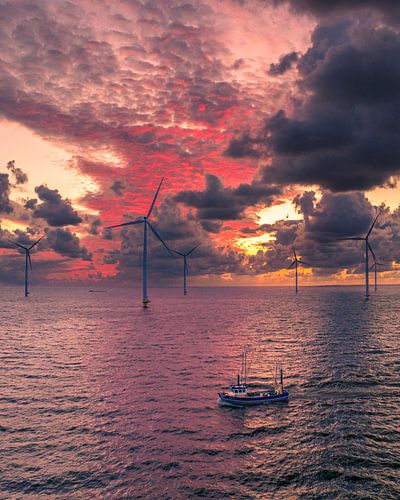 Entre tradition et avenir, un bateau de pêche dans un parc éolien offshore