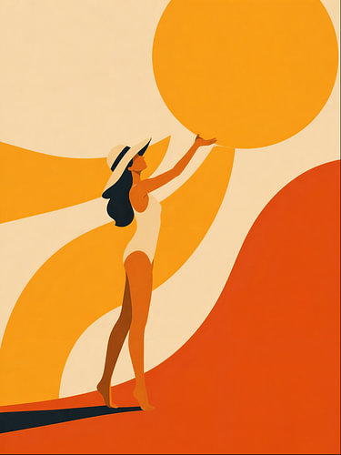 Minimalistische Strand Illustration mit Frau am Meer und orangefarbenem Himmel