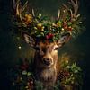 Weihnachtsporträt eines Rehs mit Evergreens, Goldakzenten und magischer Waldatmosphäre von But First Framing