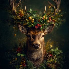 Weihnachtsporträt eines Rehs mit Evergreens, Goldakzenten und magischer Waldatmosphäre von But First Framing