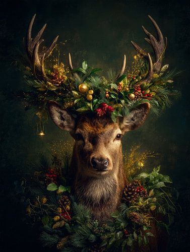Portrait de Noël d'un cerf avec des feuilles persistantes, des accents dorés et une atmosphère de forêt magique sur But First Framing