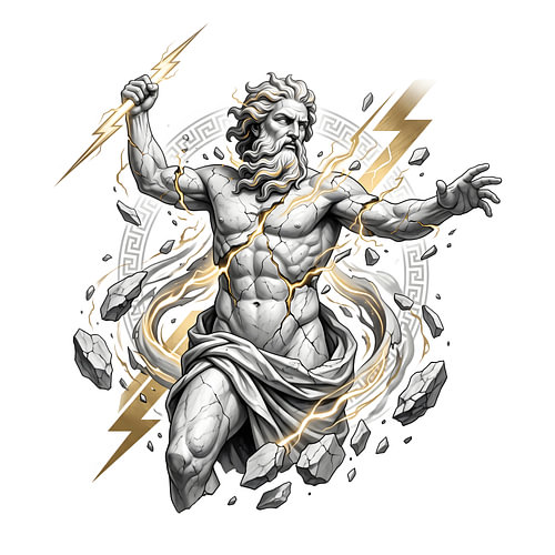Statue du dieu grec Zeus lançant un éclair doré