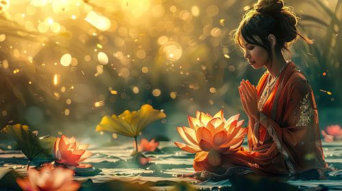 woman with lotus flower meditation