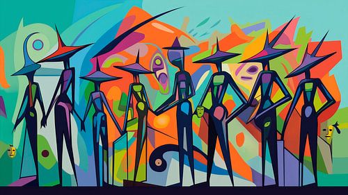 Colourful, abstract, modern mural ‘ "Street Art" ’ featuring mysterious figures