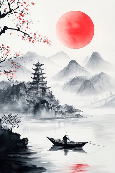 Chinese landscape with boat and sun by Poster Art Shop
