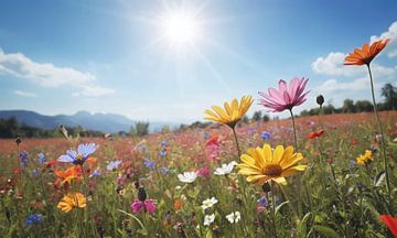 Een bloemenveld met een blauwe lucht op de achtergrond