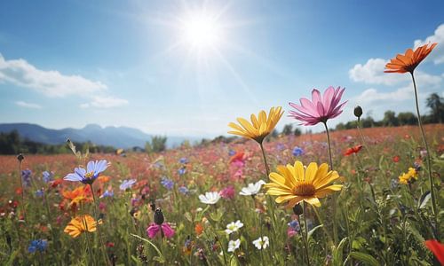 A field of flowers with a blue sky in the background