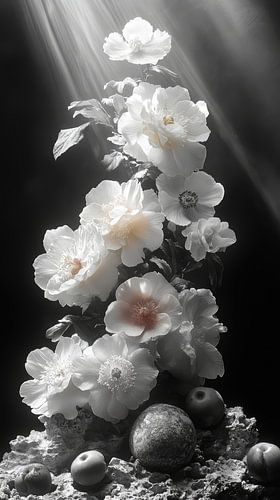 zwart wit stilleven van bloemen en fruit in een extreem dramatisch licht