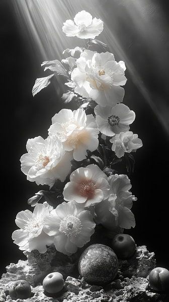 Black and white still life of flowers and fruit in extremely dramatic light by Gelissen Artworks