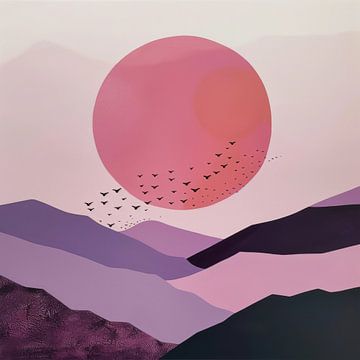 Roze zonsondergang met vogels van Poster Art Shop