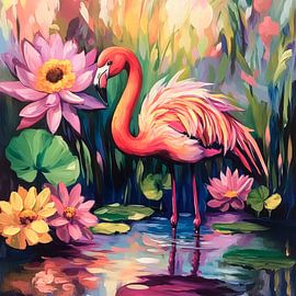 Flamingo in the colourful water garden by Poster Art Shop