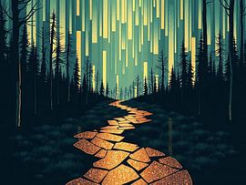 Chemin de pierre serpentin à travers des bois crépusculaires menant à une métropole cubique lumineuse