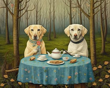 Two Labrador dogs drinking tea in the forest animal portrait by Vlindertuin Art