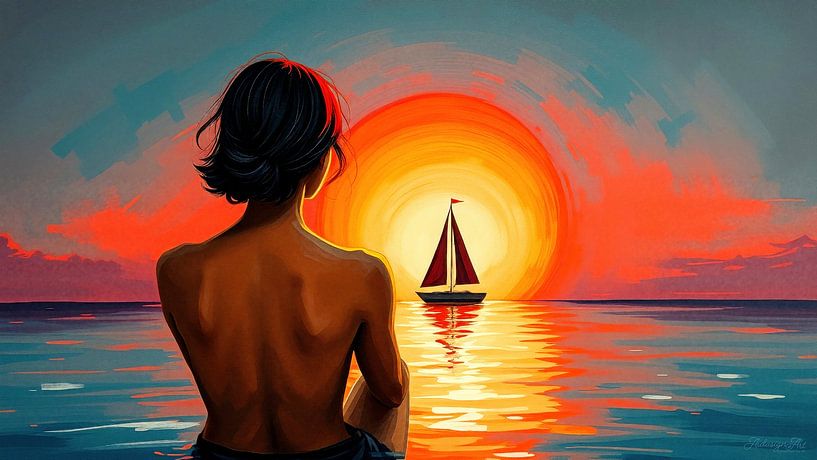 Mélancolie rêveuse au crépuscule - Une femme assise au bord de la mer regarde un voilier, enveloppée dans l'étreinte chaude du coucher de soleil par AidasignArt