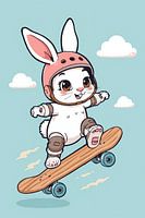 Lapin de dessin animé sur skateboard avec casque et coussinets de protection