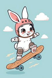Cartoon-Hase auf Skateboard mit Helm und Schutzpolstern von Dante S
