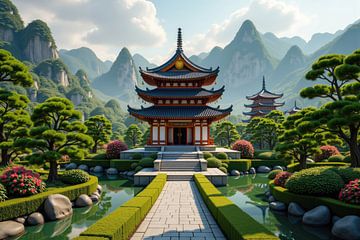 Verken een serene Japanse tuin met traditionele pagode templ van Markus Gann