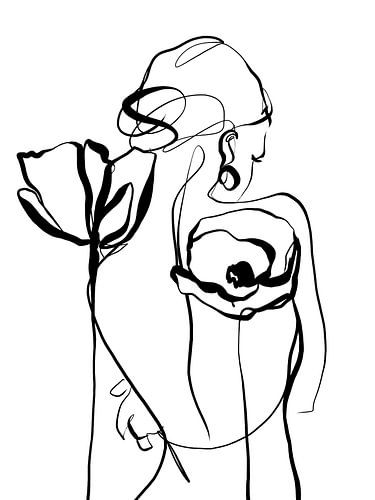 Frau mit Mohnblumen - Strichzeichnung