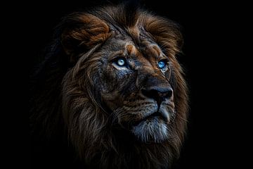 Indrukwekkend portret van majestueuze leeuw met blauwe ogen van De Muurdecoratie