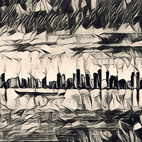 Ink art - skyline in beige zwart 1 van 2