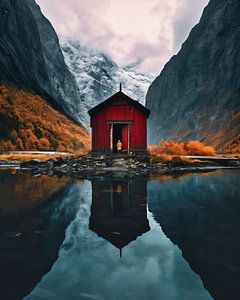 Hütte am See in den Bergen