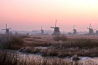 Traditionele molens bij Kinderdijk in de winter bij zonsondergang van Eye on You thumbnail