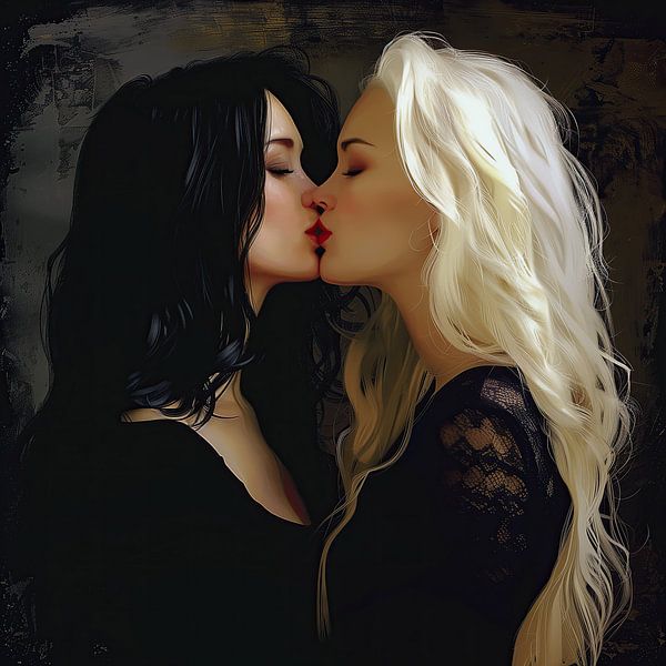 Harmonie van Liefde, een intieme kus tussen twee vrouwen van Mel Digital Art