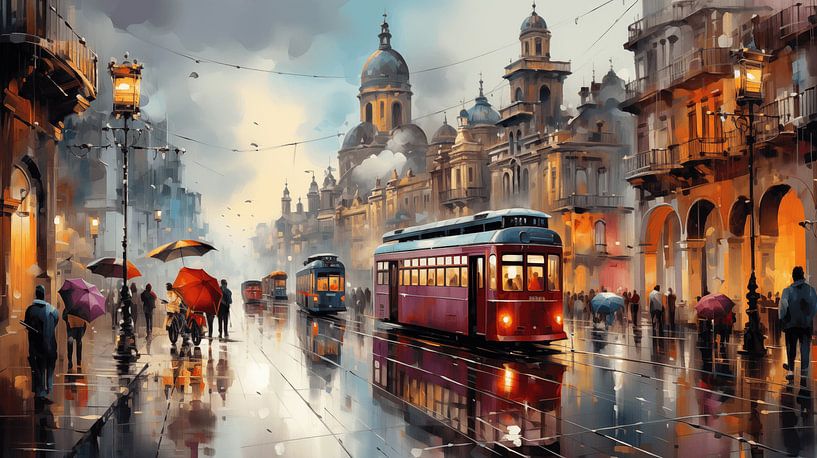 Oude tram in de oude stad, olieverfschilderij kunstontwerp van Animaflora PicsStock