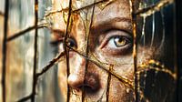 Woman with freckles behind golden glass by Frank Heinz thumbnail