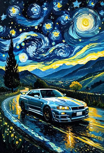 Nissan Skyline GT-R R34 Sternennacht-Abstrakte Kunst – Kultige JDM-Kosmos-Wanddekoration von MIROKKU