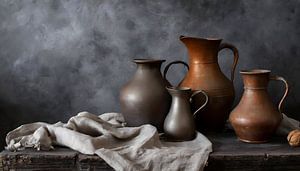 Nature morte de pichets et de vases en métal avec rouille et patine