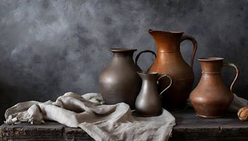 Still life of metal pitchers and vases with rust and patina by John van den Heuvel