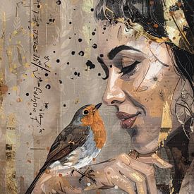 Rotkehlchen – elegantes Porträt einer Frau mit Vogel in Taupe und Gold von Emiel de Lange