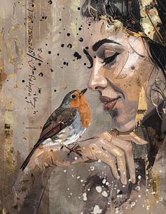 Rotkehlchen – elegantes Porträt einer Frau mit Vogel in Taupe und Gold