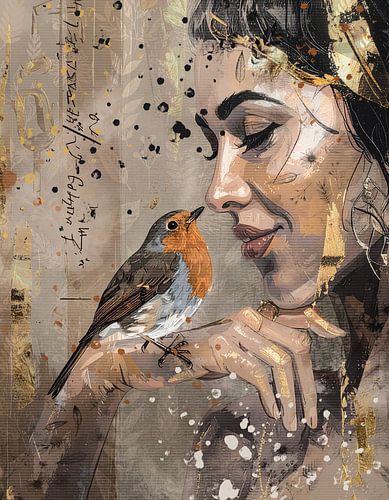 Roodborstje - chique portret van een vrouw met vogel in taupe en goud
