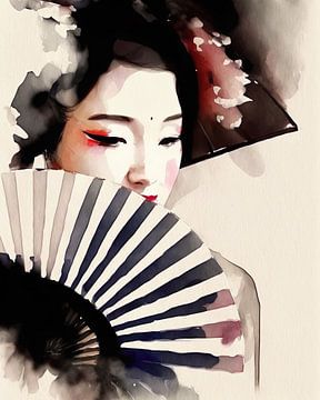 Mooie Geisha met waaier. Digitale wanddecoratie. Aquarel. Aziatische Deco Muurkunst. Japan Deco. Illustratie. Vrouwen Portret Print van ColorWorldwide