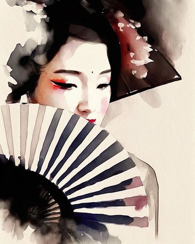 Mooie Geisha met waaier. Digitale wanddecoratie. Aquarel. Aziatische Deco Muurkunst. Japan Deco. Illustratie. Vrouwen Portret Print