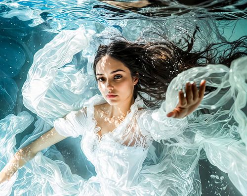 een bruid die onder water zweeft in zacht licht