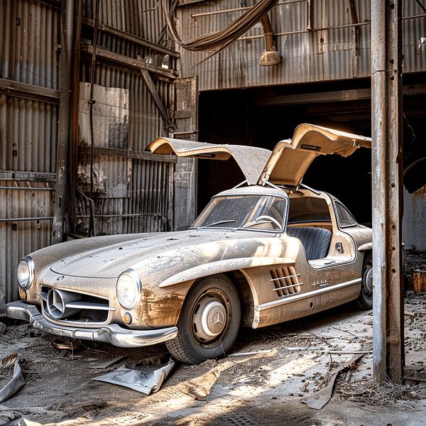 Lost Place Mercedes 300 SL gullwing doors gold workshop by gm_designs