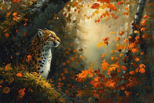 Luipaard in kleurrijk herfstbos