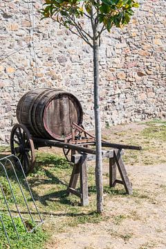 Old wheelbarrow with wine barrel against the wall of a winery by Wim Stolwerk